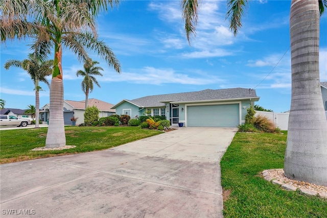 single story home featuring a garage and a front lawn