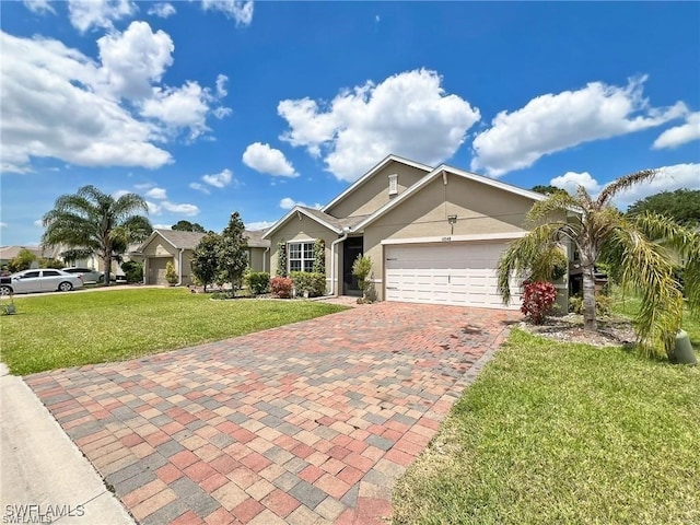 ranch-style home with a front lawn and a garage