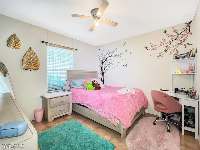 tiled bedroom with ceiling fan