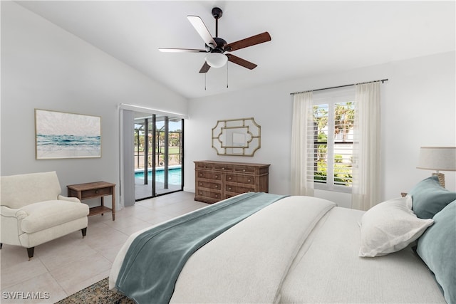 tiled bedroom featuring access to outside, ceiling fan, and vaulted ceiling