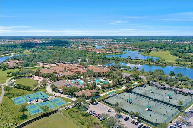 aerial view featuring a water view