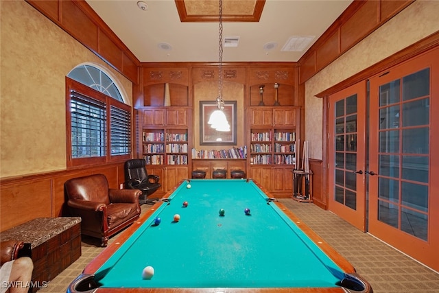 rec room featuring pool table and french doors