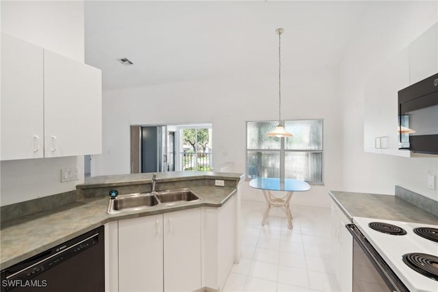 kitchen with decorative light fixtures, sink, white cabinetry, and black appliances