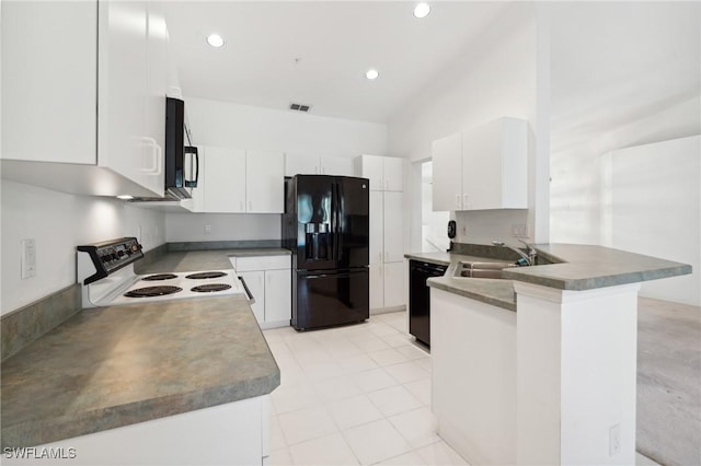 kitchen featuring black appliances, kitchen peninsula, sink, white cabinetry, and light tile patterned floors