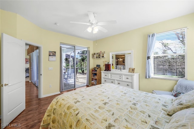 bedroom with access to exterior, ceiling fan, and dark hardwood / wood-style floors