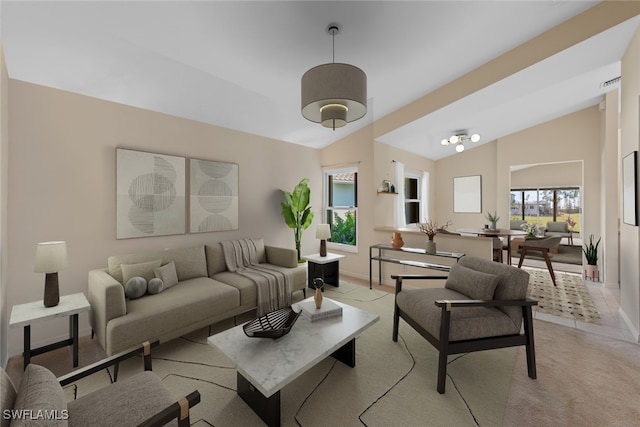 living room with light colored carpet and lofted ceiling