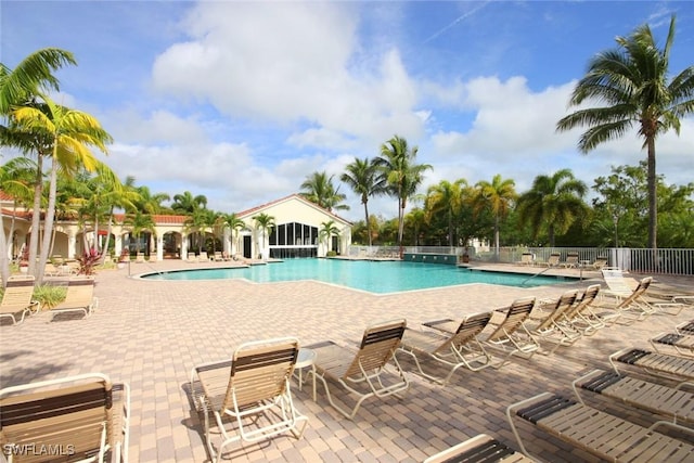 view of swimming pool featuring a patio