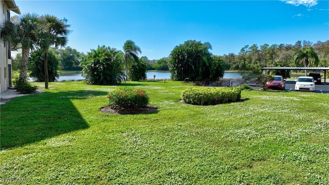 view of yard with a water view