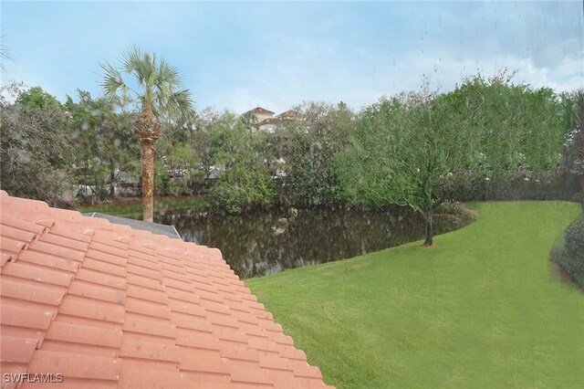 view of yard with a water view