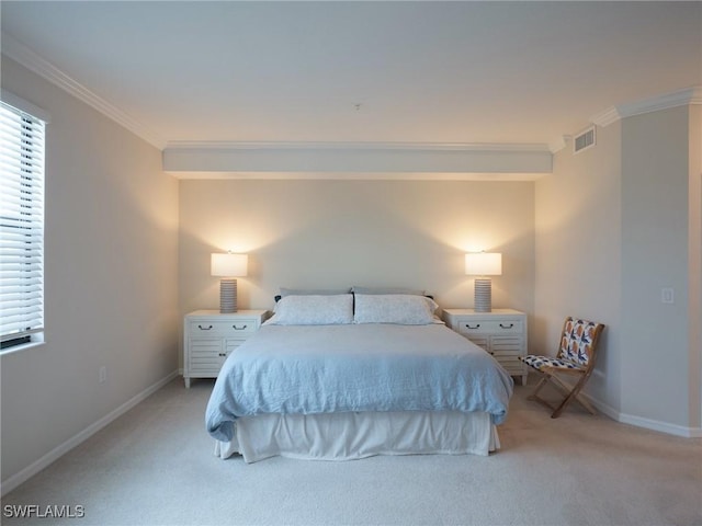 bedroom with light carpet and crown molding