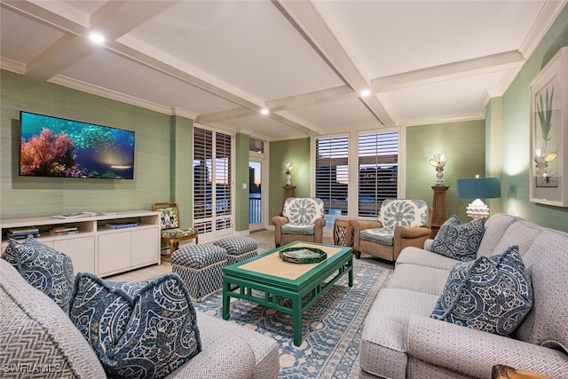 living room featuring beamed ceiling, crown molding, and coffered ceiling