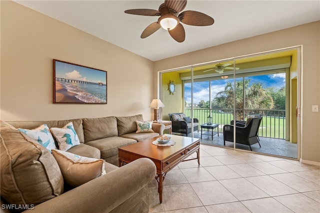 living room with light tile patterned floors and ceiling fan