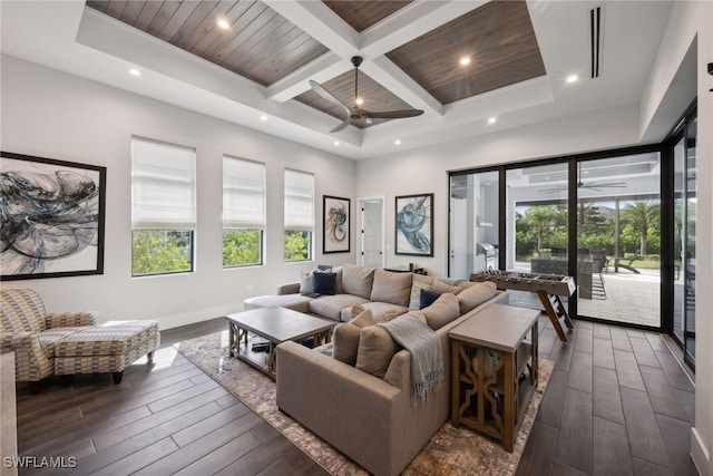 living room with beamed ceiling, dark hardwood / wood-style flooring, and coffered ceiling