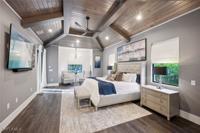 bedroom featuring vaulted ceiling with beams, dark hardwood / wood-style flooring, wood ceiling, and an inviting chandelier