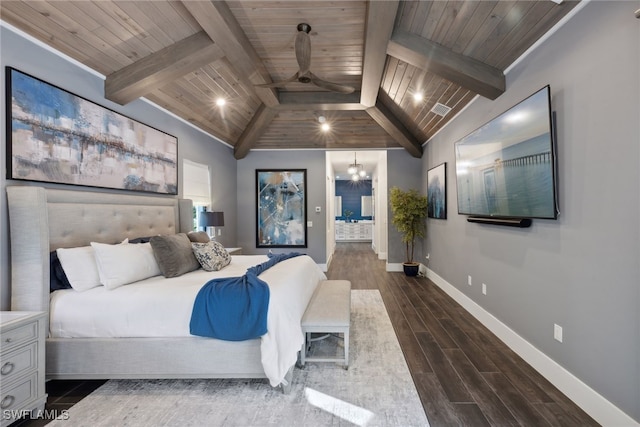 bedroom with vaulted ceiling with beams, dark hardwood / wood-style flooring, wooden ceiling, and a chandelier