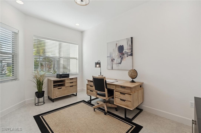 home office with recessed lighting and baseboards