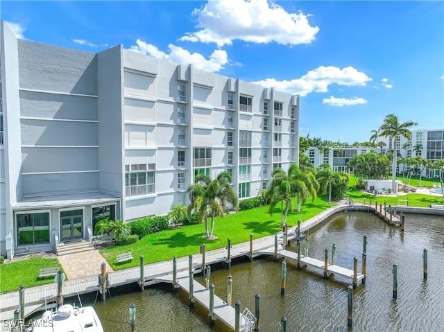 exterior space with a water view