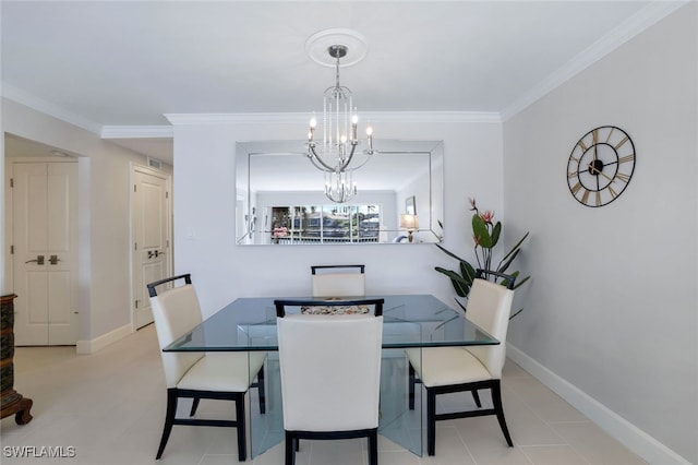 tiled dining space with ornamental molding and a chandelier