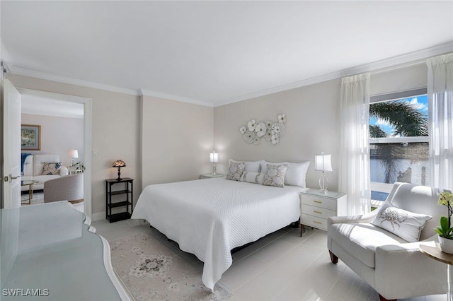 bedroom featuring crown molding and light tile patterned flooring