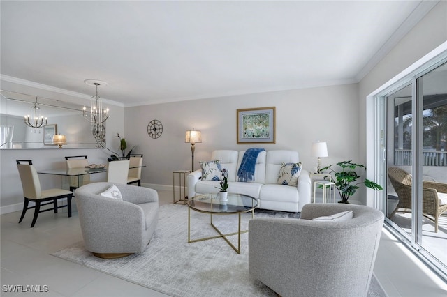 living room with crown molding and a chandelier