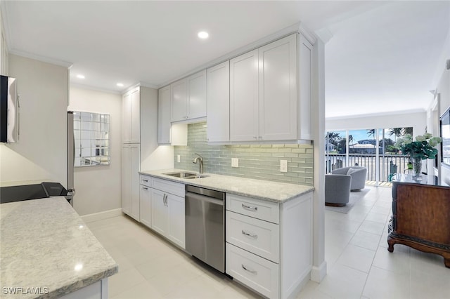 kitchen with white cabinetry, sink, light stone countertops, and dishwasher