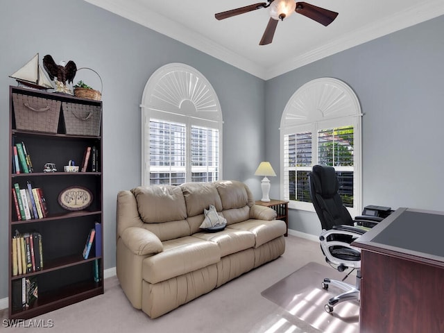 office with light colored carpet and ornamental molding