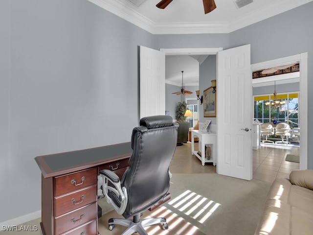 office area featuring crown molding, light tile patterned floors, and ceiling fan with notable chandelier