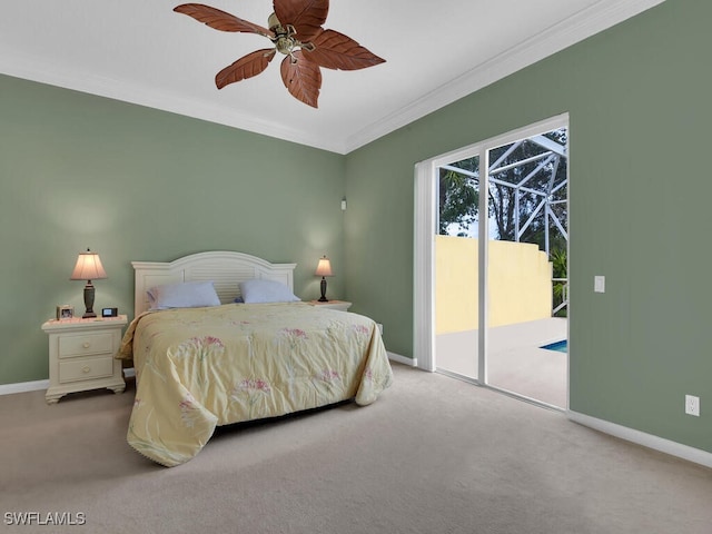 bedroom with carpet flooring, ceiling fan, ornamental molding, and access to outside