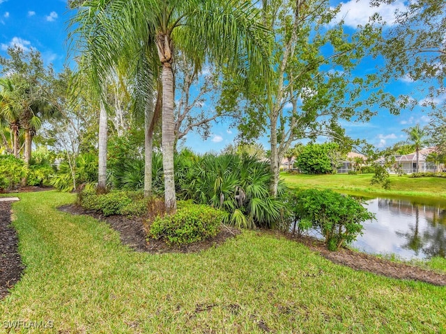 view of yard with a water view