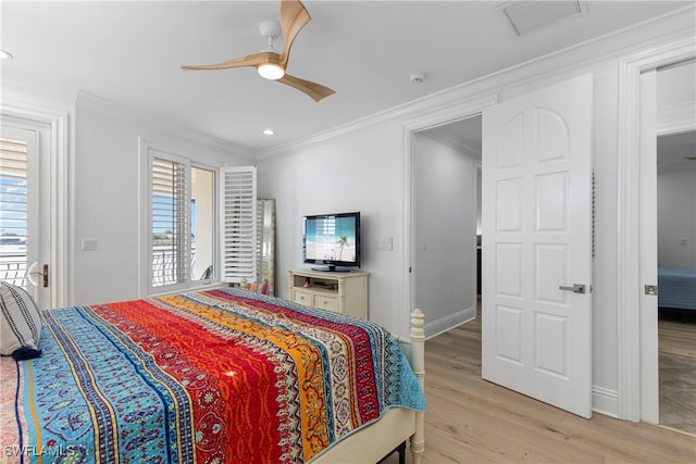 bedroom featuring access to exterior, ceiling fan, light hardwood / wood-style floors, and ornamental molding