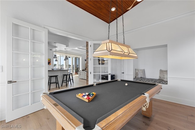 playroom with wood-type flooring, wood ceiling, and billiards