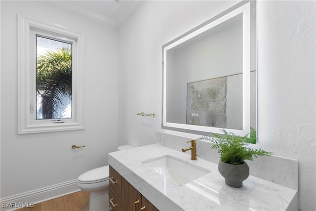 bathroom featuring vanity, toilet, ornamental molding, and wood-type flooring