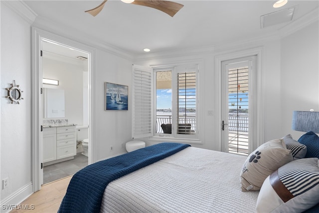 bedroom featuring ensuite bathroom, access to outside, ceiling fan, crown molding, and light hardwood / wood-style floors