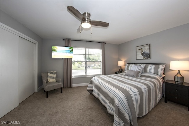 bedroom with carpet flooring, a closet, and ceiling fan