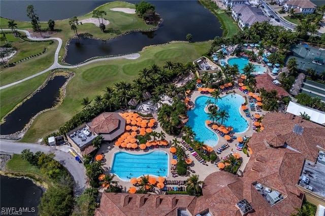 birds eye view of property featuring a water view