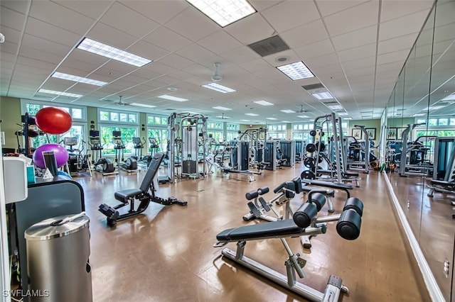 exercise room featuring a drop ceiling