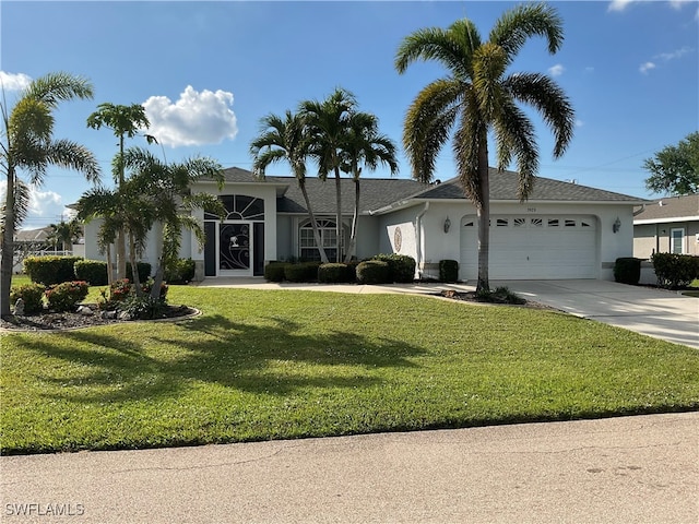 ranch-style home with a front yard and a garage