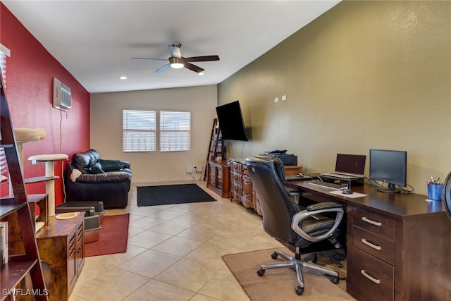 home office featuring light tile patterned floors, vaulted ceiling, ceiling fan, and an AC wall unit