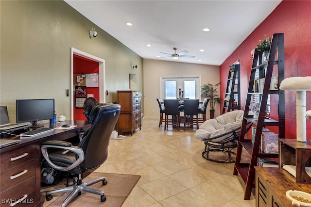 office area with ceiling fan, light tile patterned flooring, french doors, and vaulted ceiling