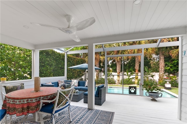 sunroom / solarium with ceiling fan, wood ceiling, and a pool