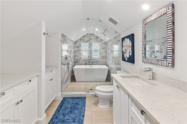 full bathroom featuring tile walls, independent shower and bath, tile patterned flooring, toilet, and lofted ceiling