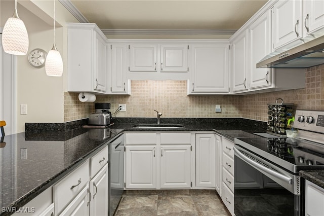 kitchen with white cabinetry, sink, stainless steel appliances, and decorative light fixtures