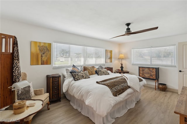 bedroom featuring ceiling fan and light wood-type flooring