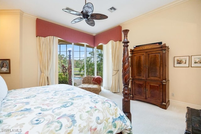 bedroom featuring ceiling fan, light colored carpet, and ornamental molding