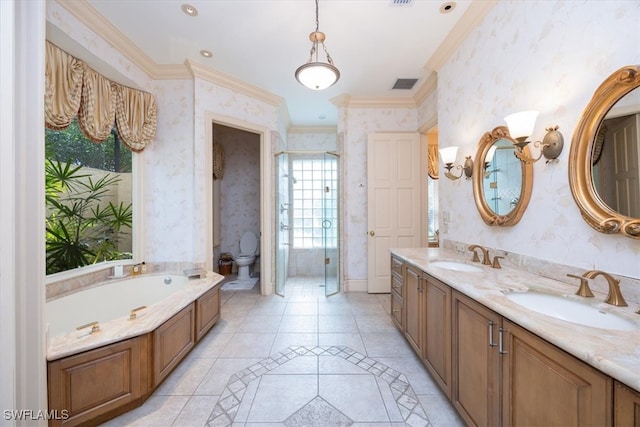 full bathroom with vanity, tile patterned flooring, separate shower and tub, toilet, and ornamental molding