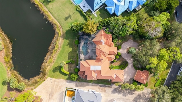 drone / aerial view featuring a water view