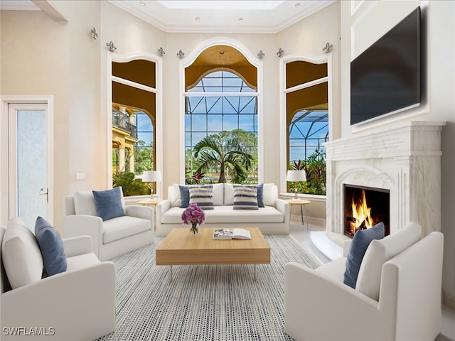 sunroom / solarium featuring a fireplace