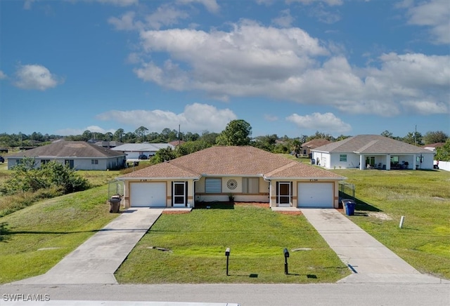 single story home featuring a front yard and a garage