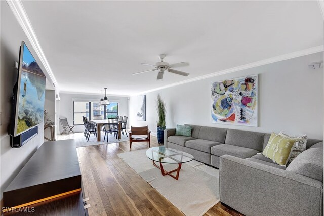 living room with hardwood / wood-style flooring, ceiling fan, and crown molding