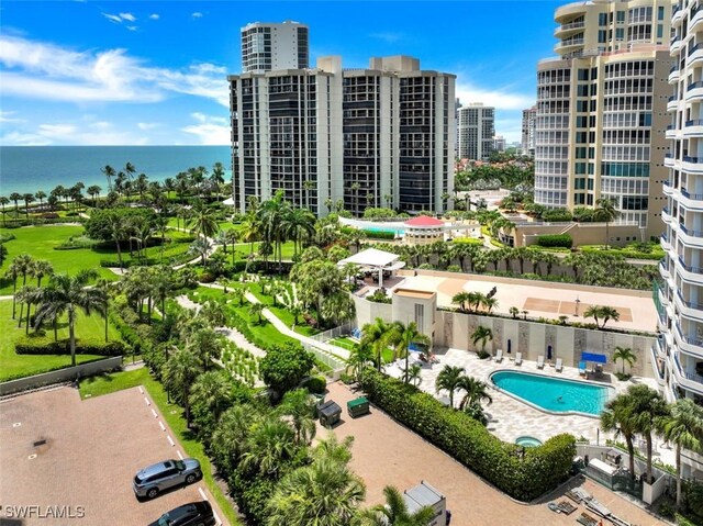 bird's eye view with a water view